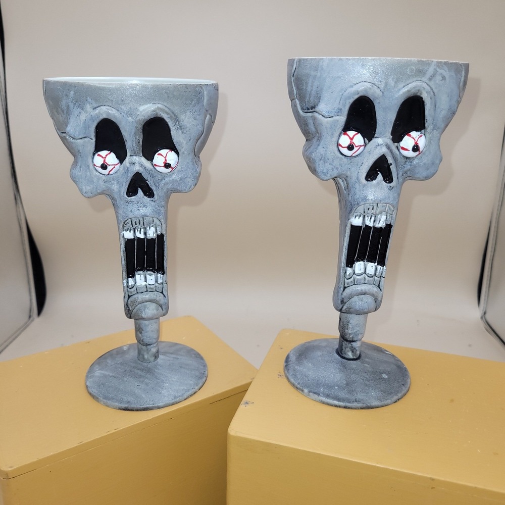 Set of 2 Halloween Skeleton Skull Goblets Bulging Eyes Spooky Decor Chalice Goth